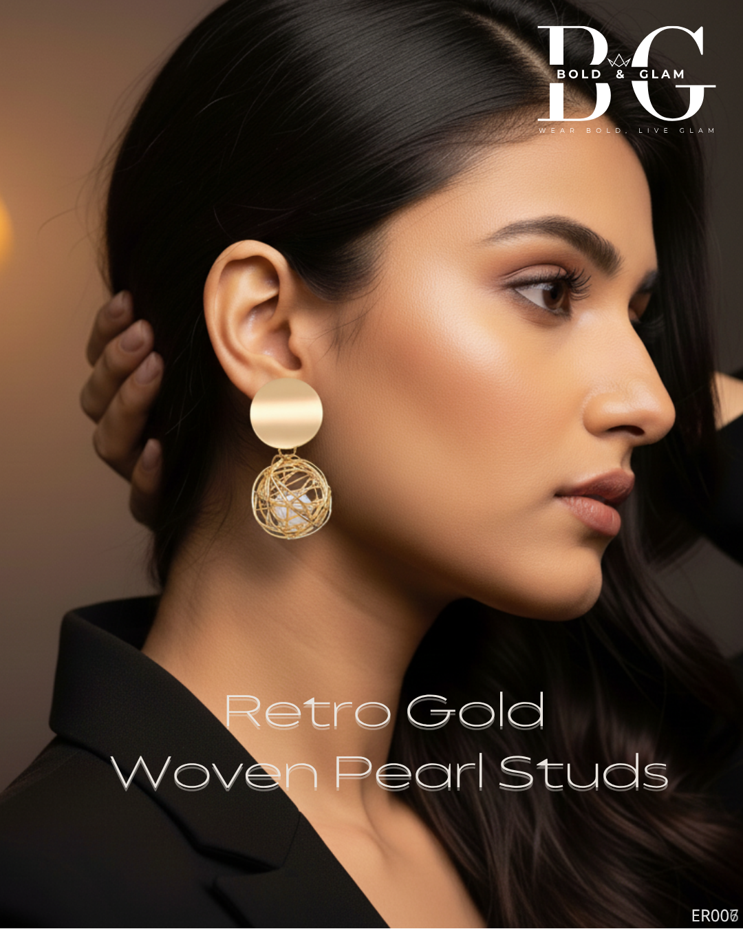 Retro Gold Woven Pearl Studs - Image 3