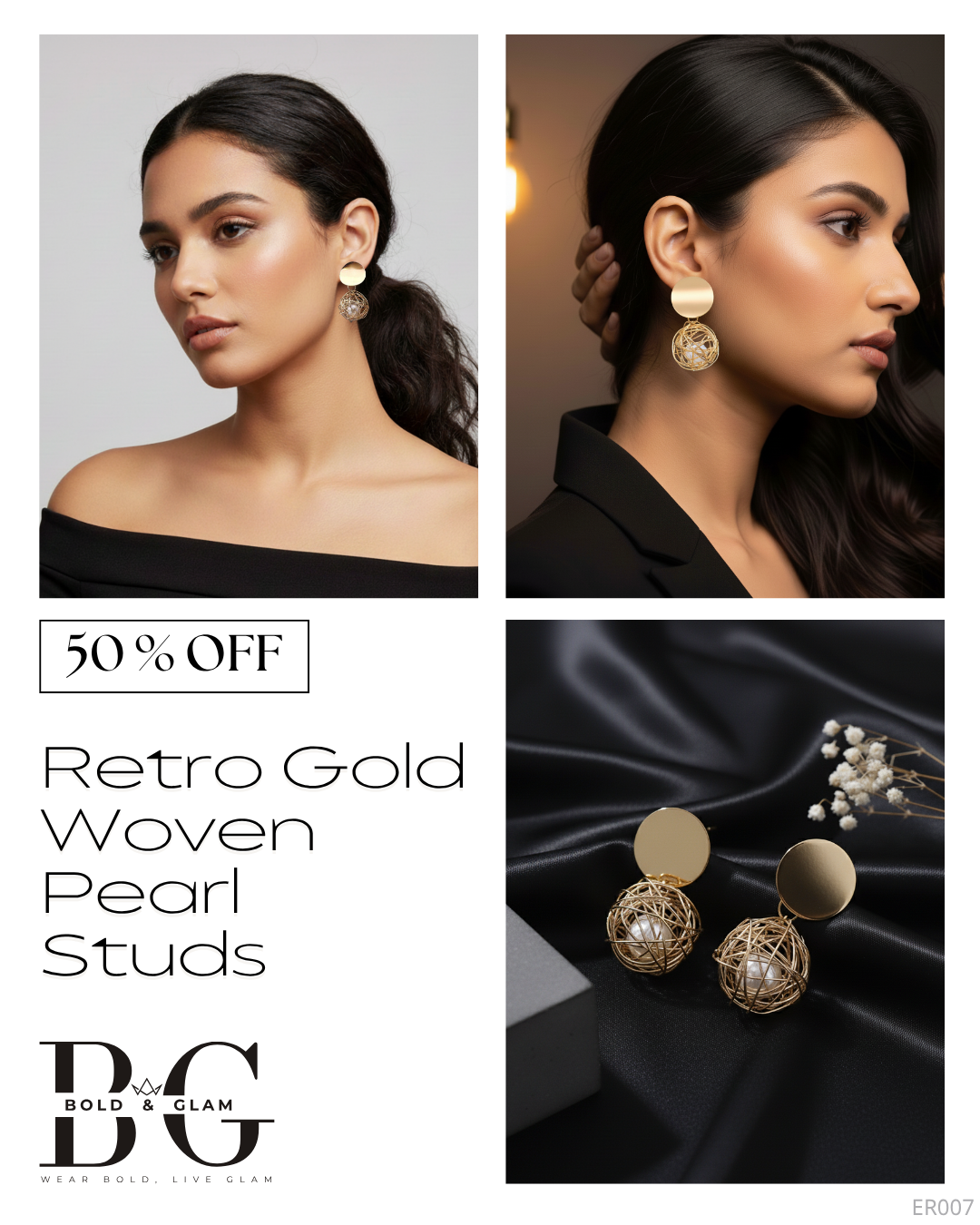 Retro Gold Woven Pearl Studs - Image 4