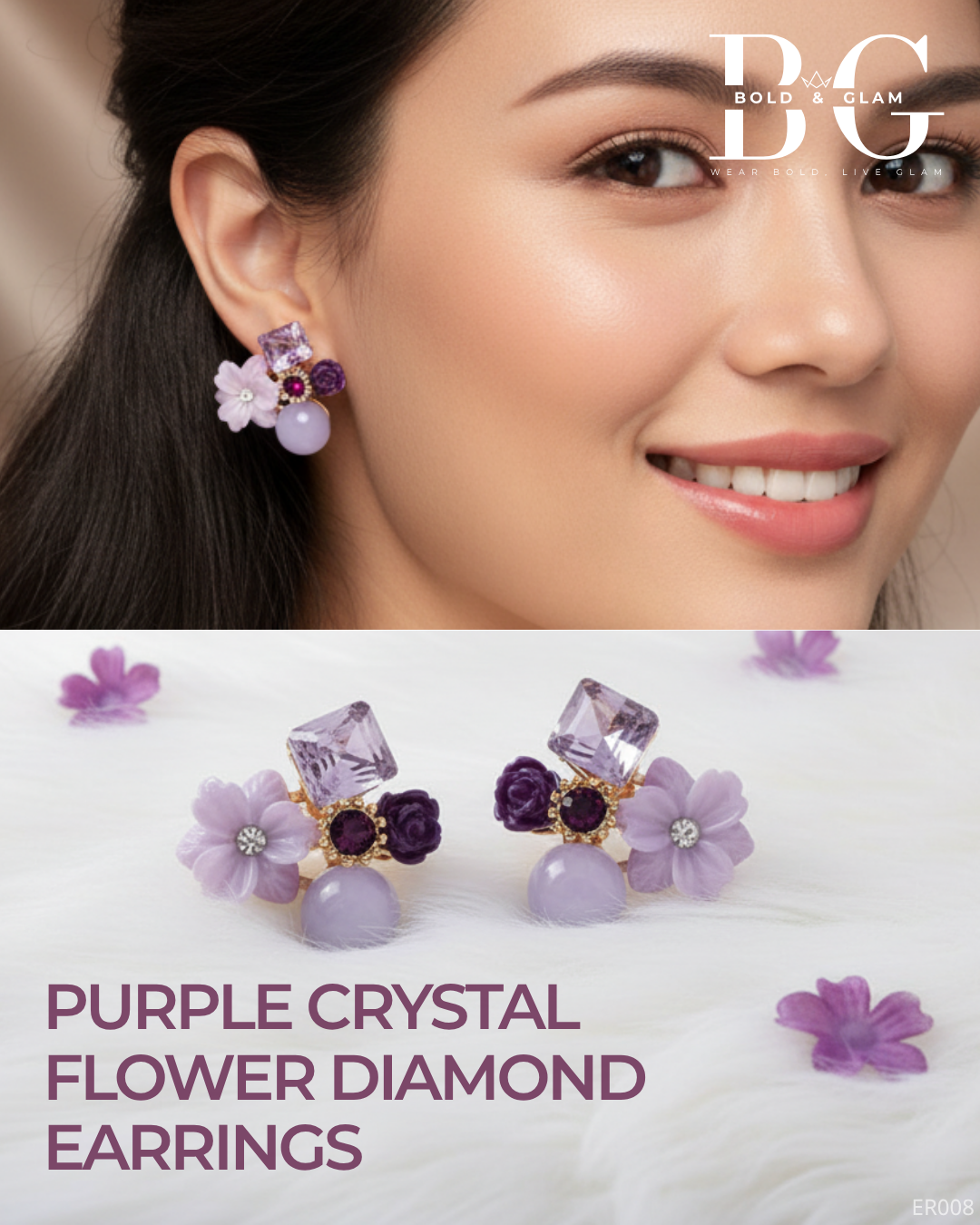 Purple Crystal Flower Diamond Earrings - Image 4