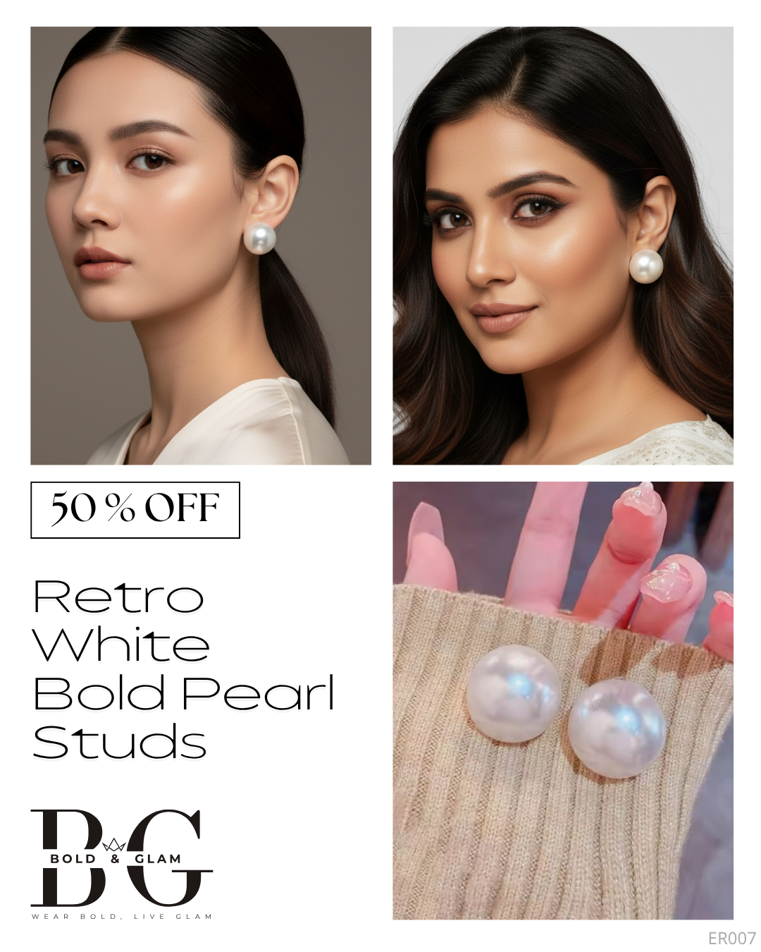 Retro White Bold Pearl Studs - Image 4