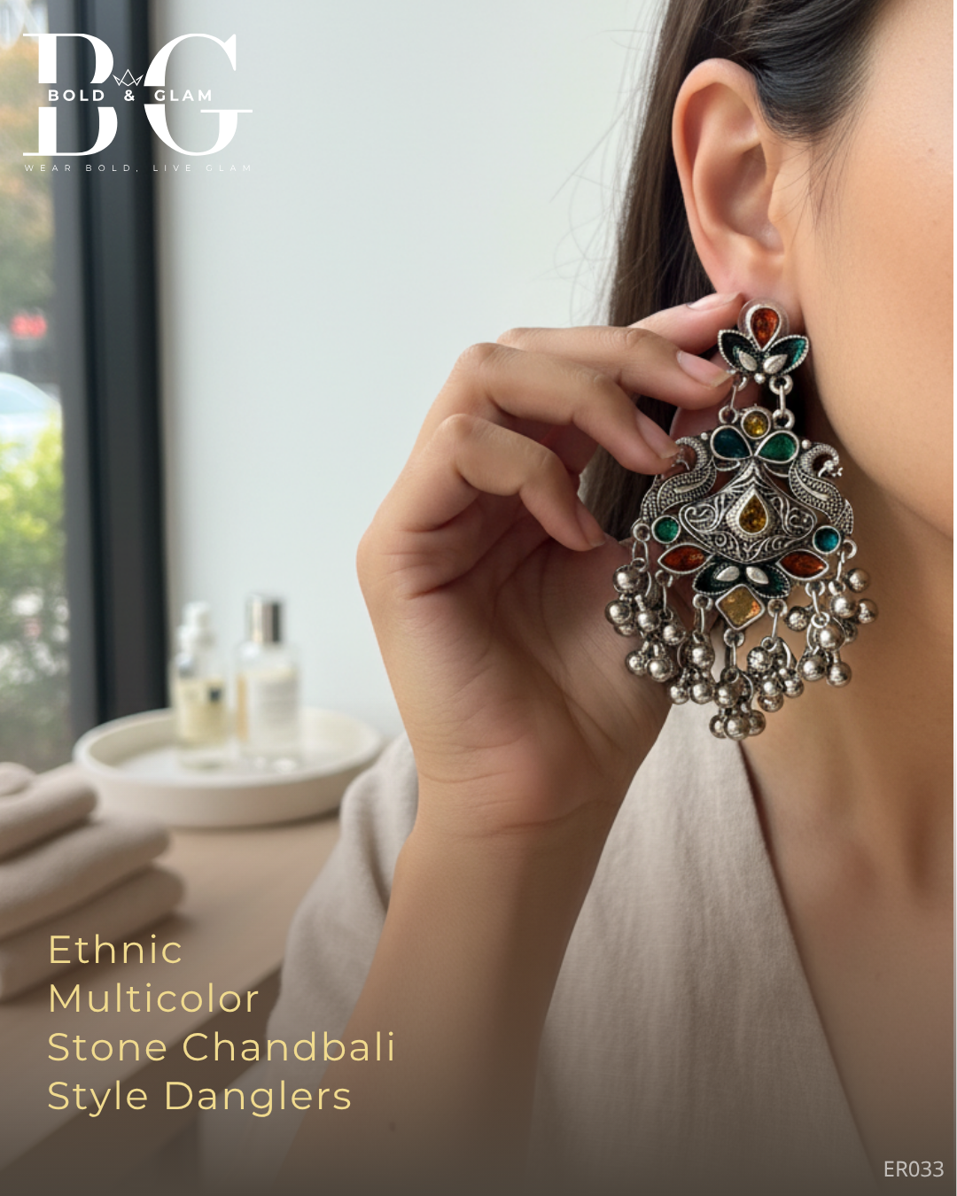 Ethnic Multicolor Stone Chandbali Style Danglers - Image 3