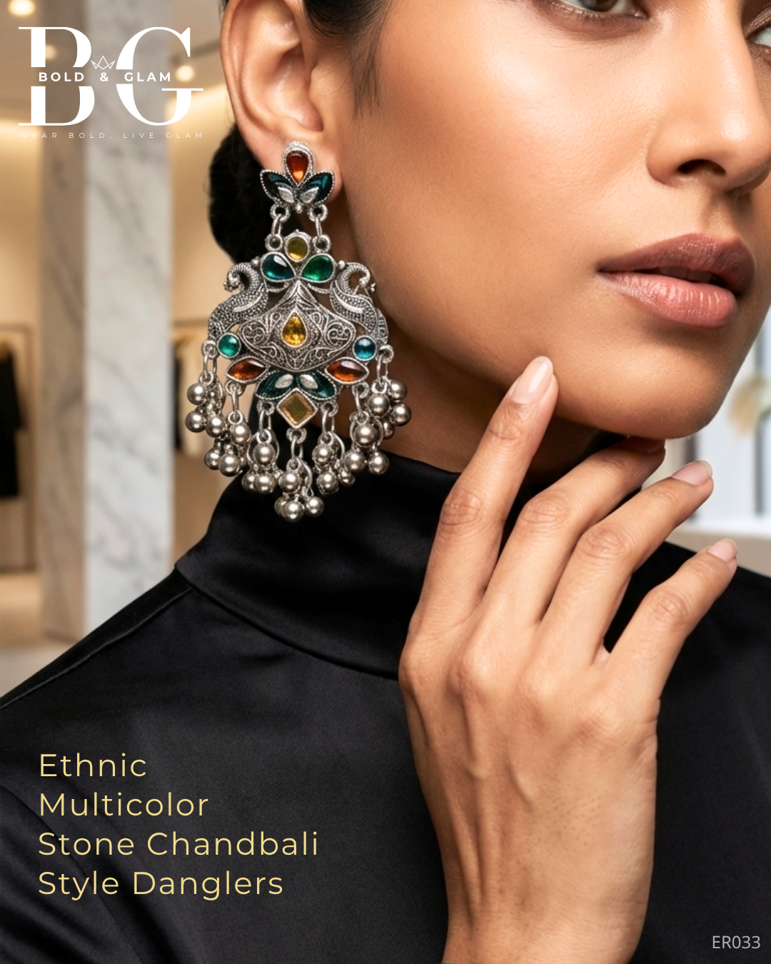 Ethnic Multicolor Stone Chandbali Style Danglers - Image 4