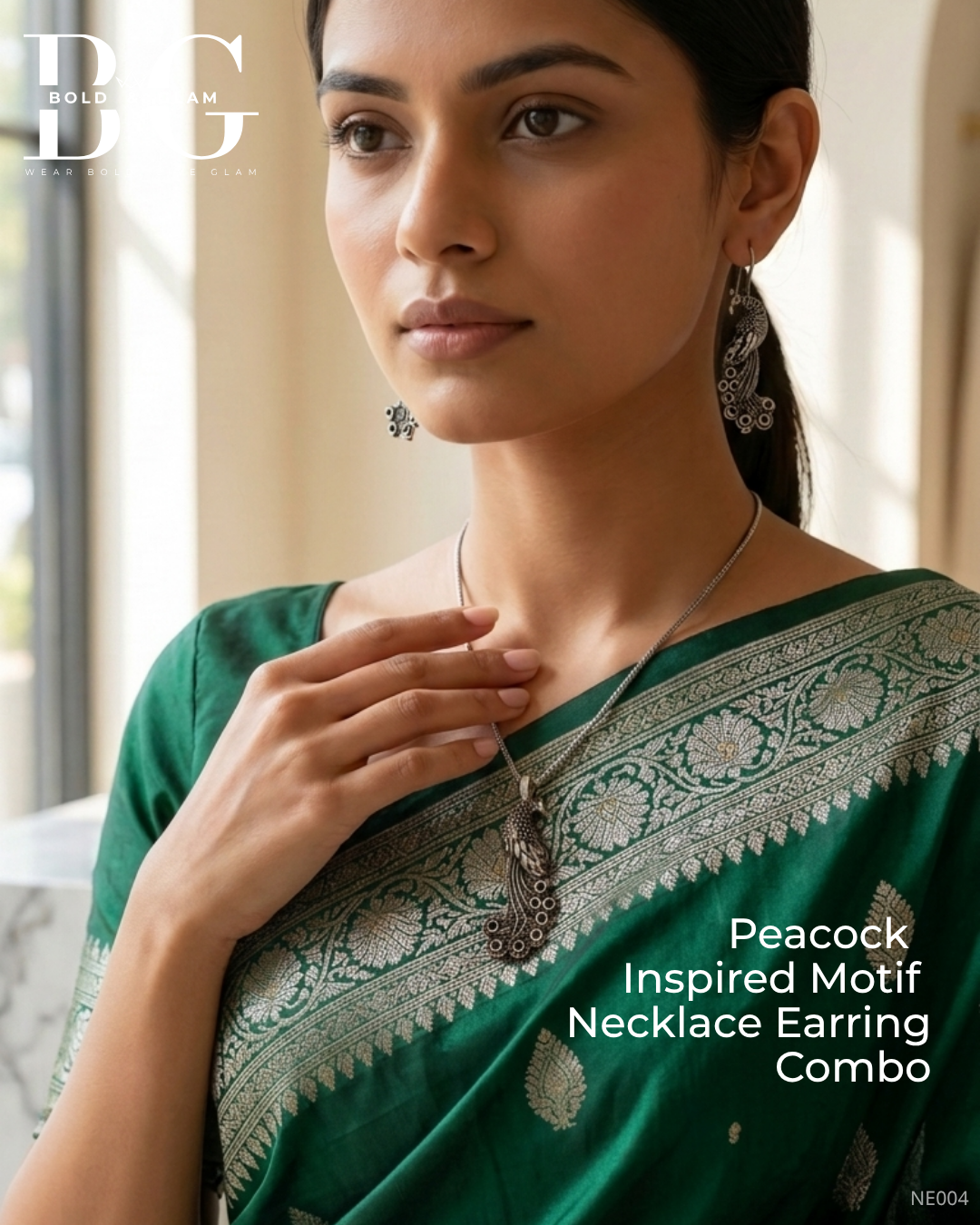 Peacock Inspired Motif Necklace Earring Combo - Image 3