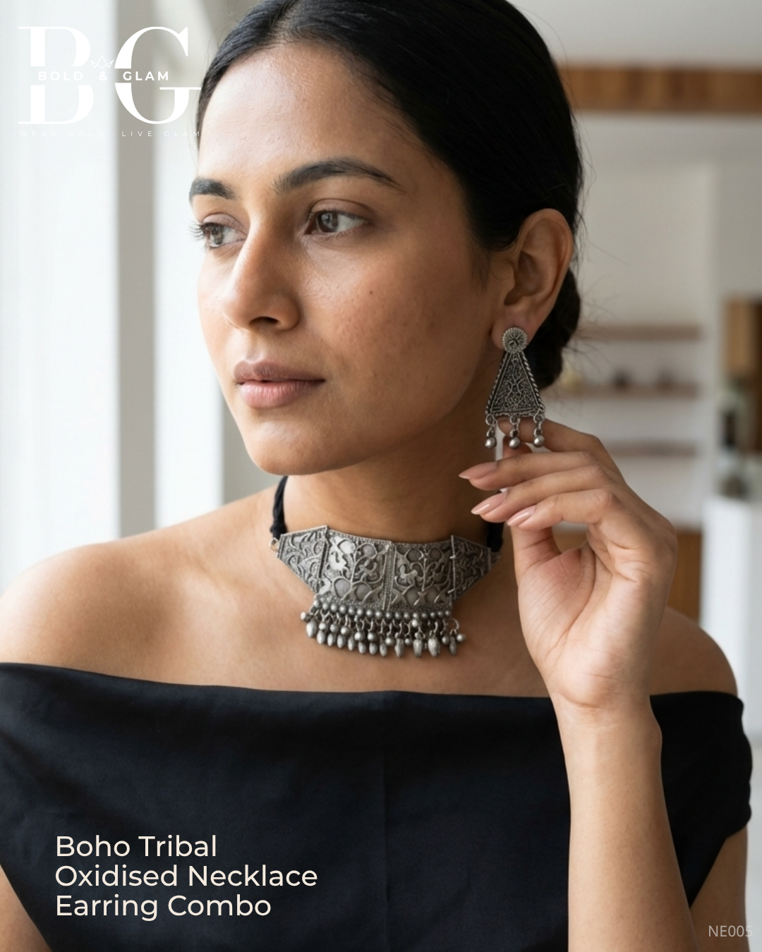 Boho Tribal Oxidised Necklace Earring Combo - Image 2