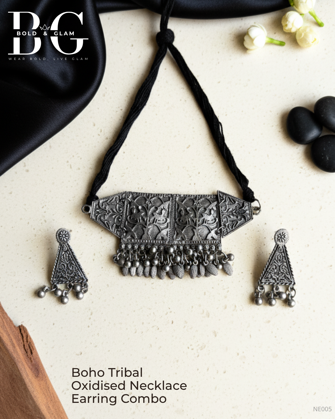 Boho Tribal Oxidised Necklace Earring Combo - Image 3