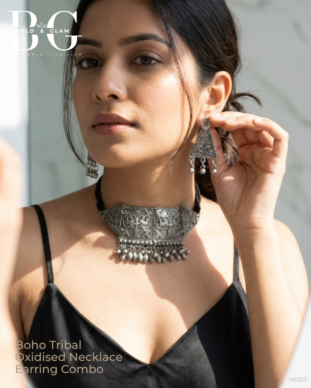 Boho Tribal Oxidised Necklace Earring Combo - Image 4